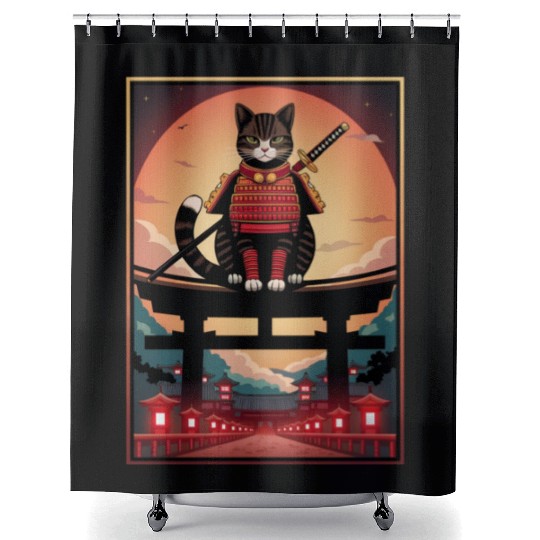 Japanese Cat Samurai Cat Shower Curtains