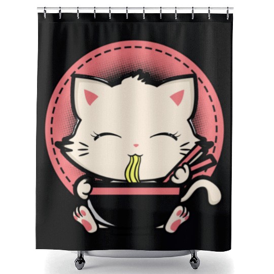 Cat Ramen Japanese Funny Graphic Tees Kawaii Shower Curtains