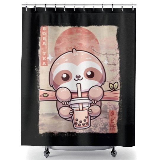 Cute Kawaii Sloth Drinks Boba Tea Japanese Shower Curtains