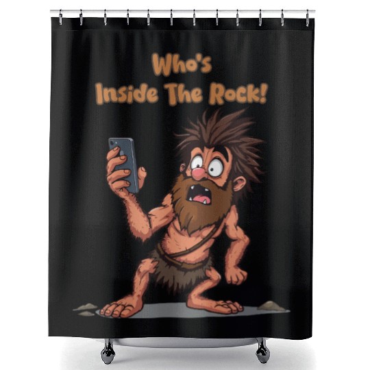 Funny Caveman – Stone Age Meets Modern Technology Shower Curtains