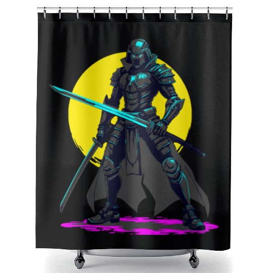 Cyberpunk Armored Samurai Neon Warrior Art Shower Curtains