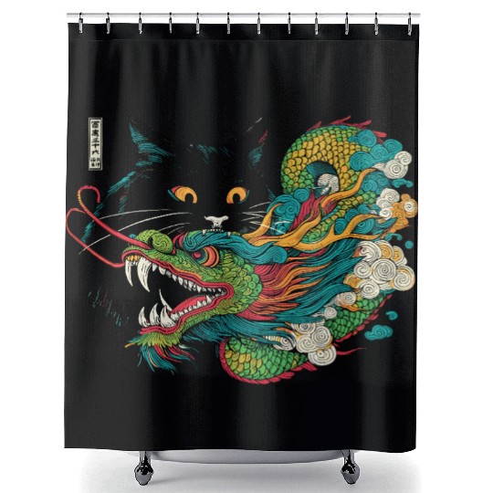 Ukiyo-e Black Cat Chinese Dragon Shower Curtains