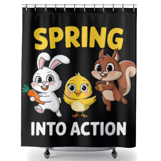 Spring Into Action- Cute Bunny, Chick and Squirrel Shower Curtains