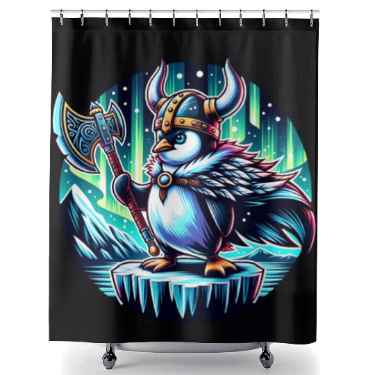 Viking Penguin with Axe Under Northern Lights Shower Curtains