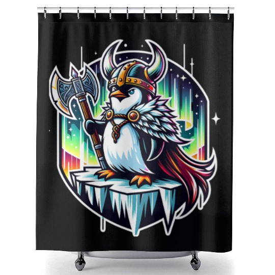 Viking Penguin Conquering Northern Lights Shower Curtains