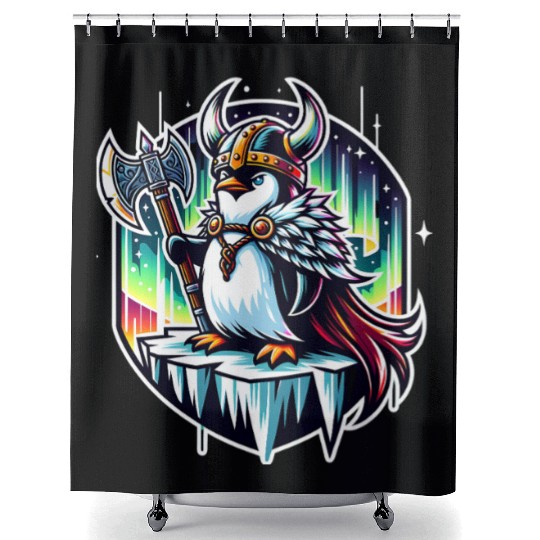 Viking Penguin Conquering Northern Lights Shower Curtains