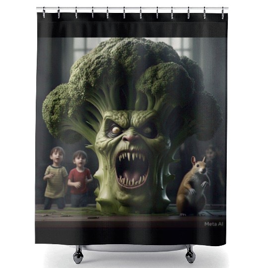 a hyper realistic cinematicmean broccoli. Shower Curtains