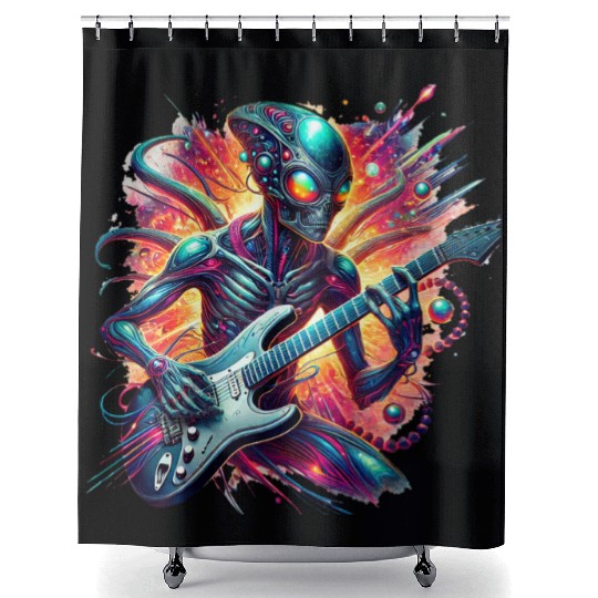 Alien playing guitar with rainbow background Shower Curtains