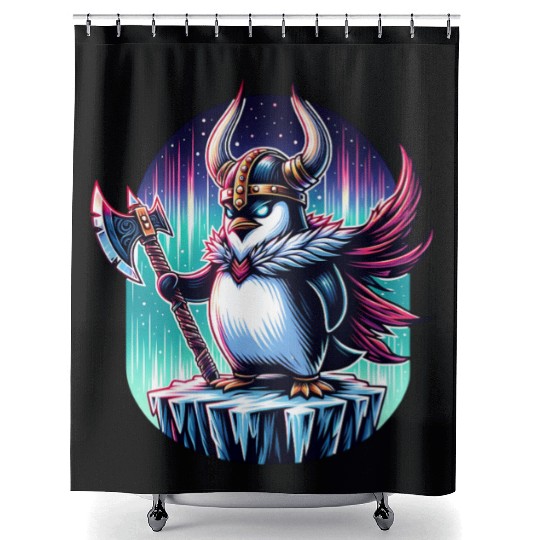 Viking Penguin Warrior Under Northern Lights Shower Curtains