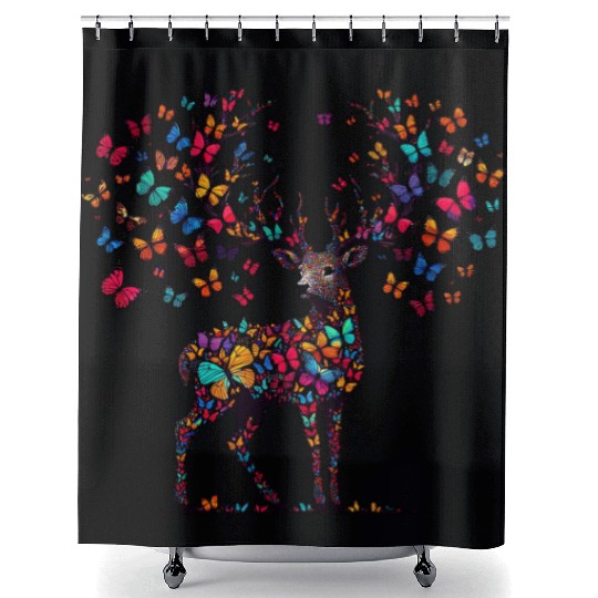 Vibrant Deer with Colorful Butterflies Fantasy Shower Curtains