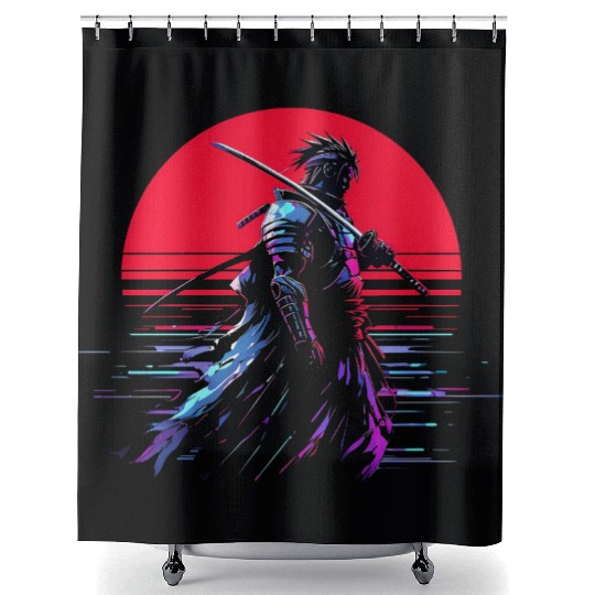 Cyberpunk Samurai Warrior Under Neon Moon Shower Curtains