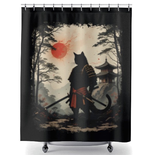 Samurai Cat Warrior Shower Curtains Design