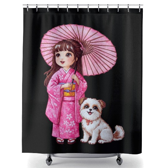 Kimono Girl & Her Loyal Pup Shower Curtains