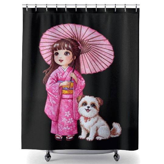 Kimono Girl & Her Loyal Pup Shower Curtains