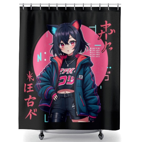 Cyberpunk Anime Girl with Cat Ears Neon Aesthetic Shower Curtains