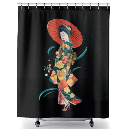 Elegant Geisha with Red Parasol and Floral Kimono Shower Curtains