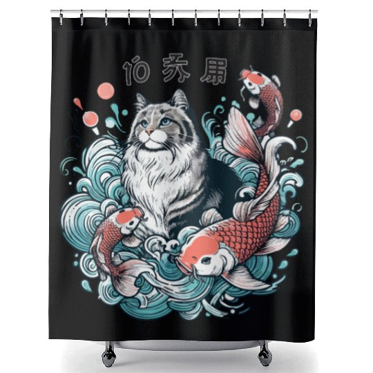 Flow with Grace - Majestic Cat & Koi Fish Shower Curtains