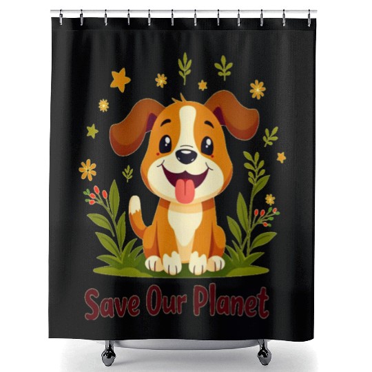 Shower Curtains - Cute Dog, Save Our Planet, Protect Earth