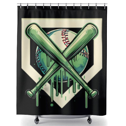 Baseball and Bat Dripping Green Shower Curtains