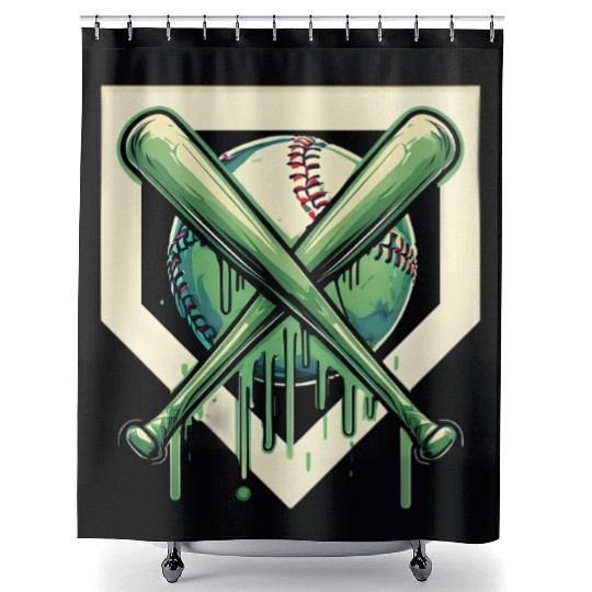 Baseball and Bat Dripping Green Shower Curtains