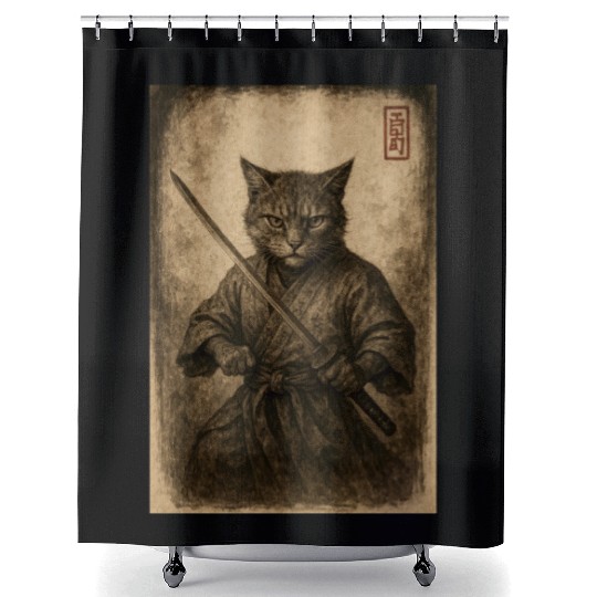 Samurai Cat in Vintage Style Shower Curtains