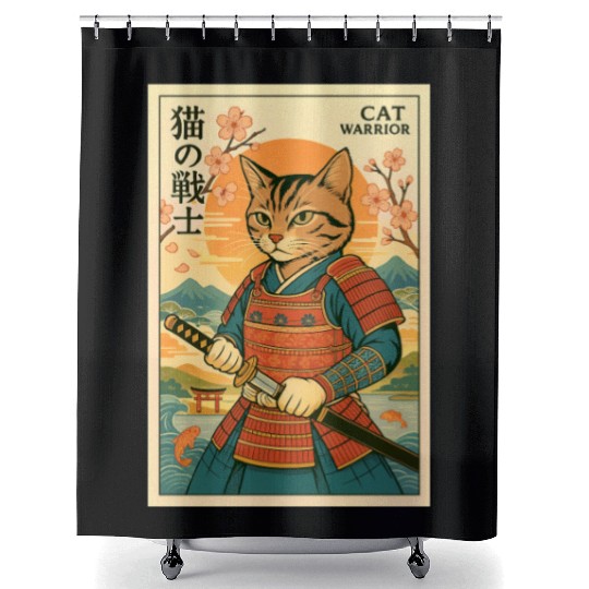 Samurai Cat in Traditional Armor Art Shower Curtains
