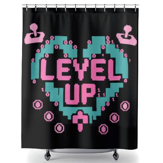 Retro Gamer’s Code Pixel Heart Shower Curtains - Level Up