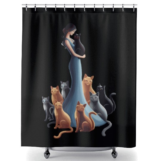 Elegant Woman Embracing Cats in Blue Gown Shower Curtains