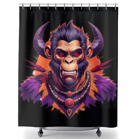 Tribal Monkey Warrior Mascot Illustration on White Shower Curtains
