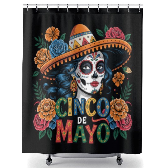 Cinco de Mayo Sugar Skull Girl Sombrero & Flowers Shower Curtains