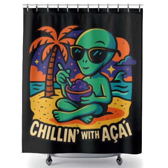 ALIEN ON THE BEACH Shower Curtains