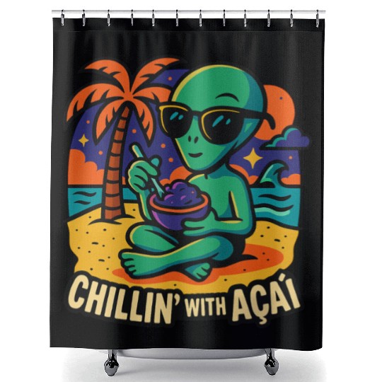 ALIEN ON THE BEACH Shower Curtains