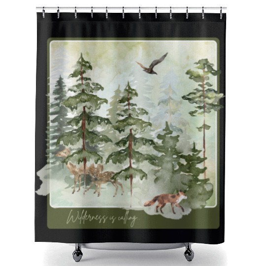 Wilderness is Calling – Watercolor Fox & Forest Shower Curtains