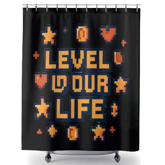 Level Up Your Life – Pixel Art Motivational Shower Curtains