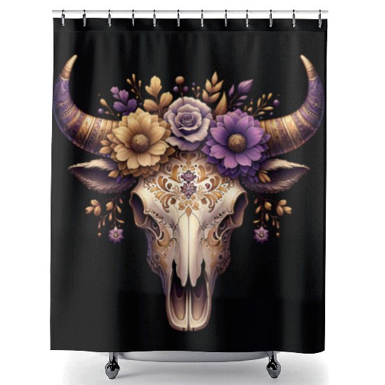 Boho Bull Skull with Floral – Western Bohemian Shower Curtains
