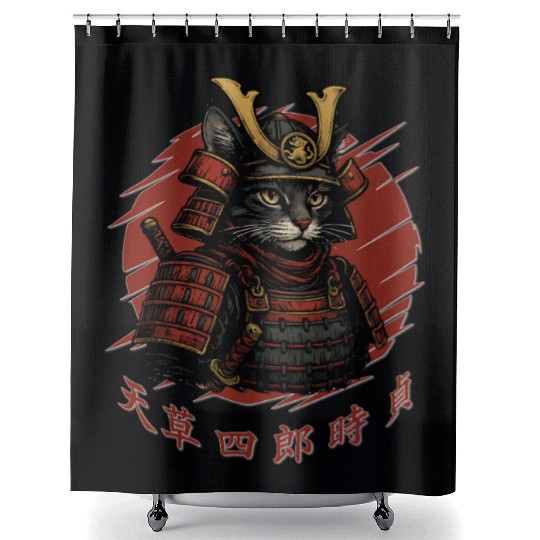Samurai Cat Warrior – Japanese Red Sun Armor Art Shower Curtains