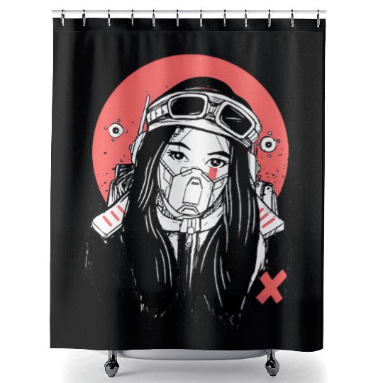 Cyberpunk Girl – Futuristic Gas Mask Art with Red Shower Curtains