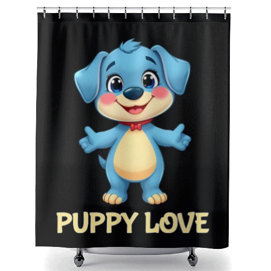 Blue Puppy Love Cartoon - Playful Pet Character Shower Curtains