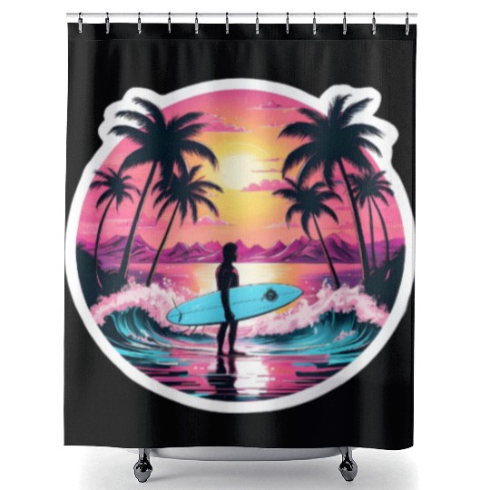 80s Synthwave Surfer | Retro Sunset Shower Curtains.