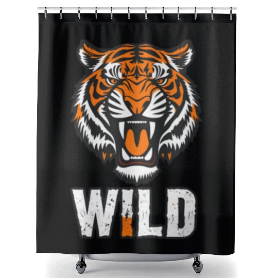 a tiger mid-roar face split in half Shower Curtains