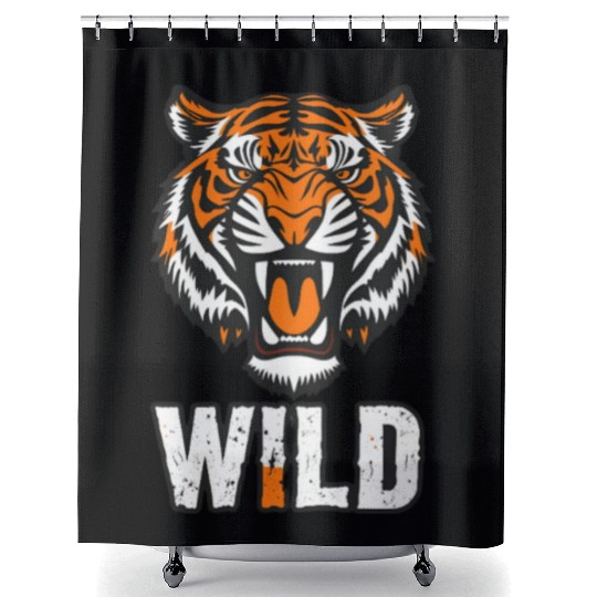 a tiger mid-roar face split in half Shower Curtains