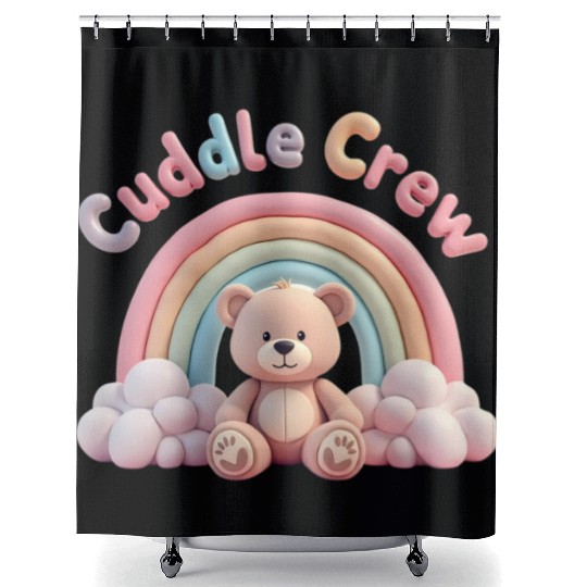 Soft teddy bear sitting under a rainbow Shower Curtains