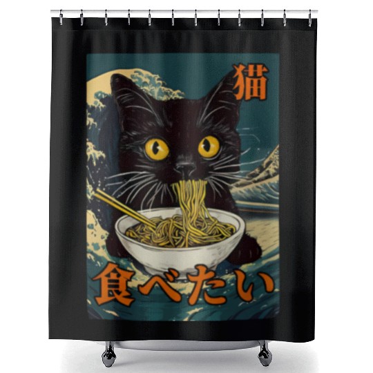 Cat Ramen Japanese Graphic Art Kawaii Kitty Anime Shower Curtains