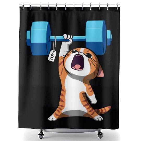 Workout Strength! Tiny Warrior Cat Huge Muscles. Shower Curtains