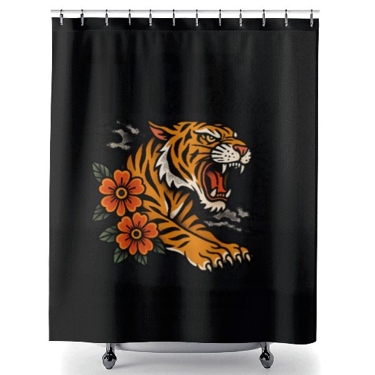 Roaring Tiger – Bold Vintage Tattoo Style Shower Curtains
