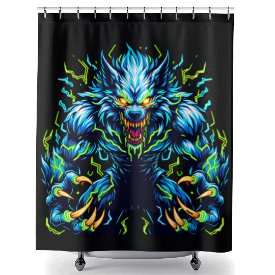 Neon Alpha Howler – Electric Werewolf Rage Shower Curtains