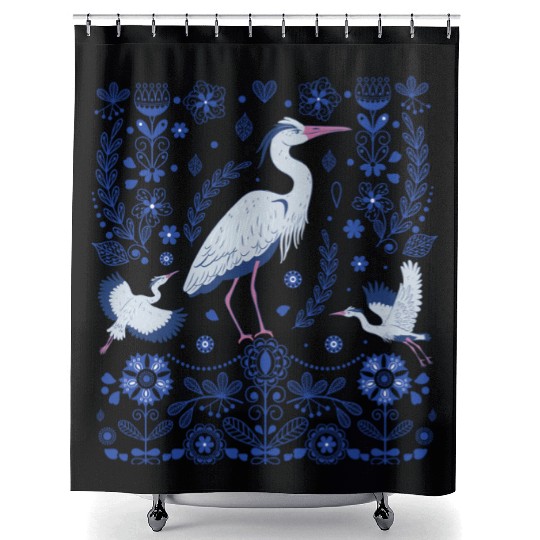 Great Blue Heron Folk Art Shower Curtains