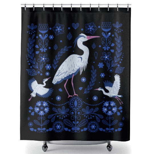 Great Blue Heron Folk Art Shower Curtains