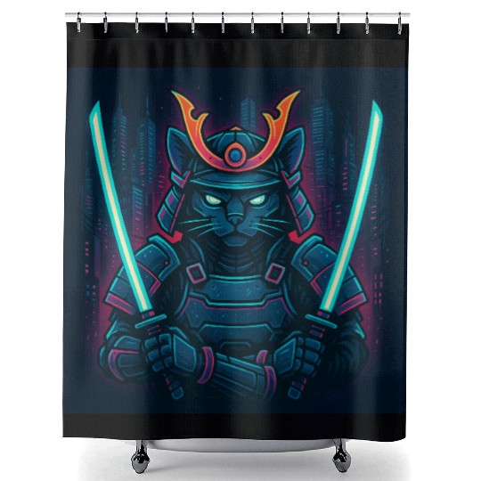 A futuristic samurai cat in neon armor with glo Shower Curtains