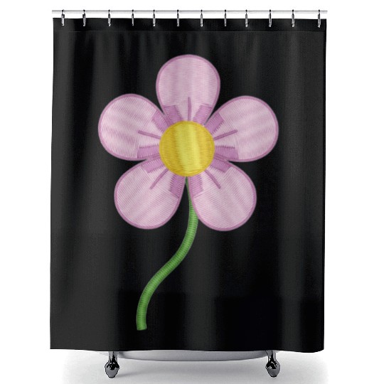 Cute Pink Embroidered Flower Illustration Shower Curtains